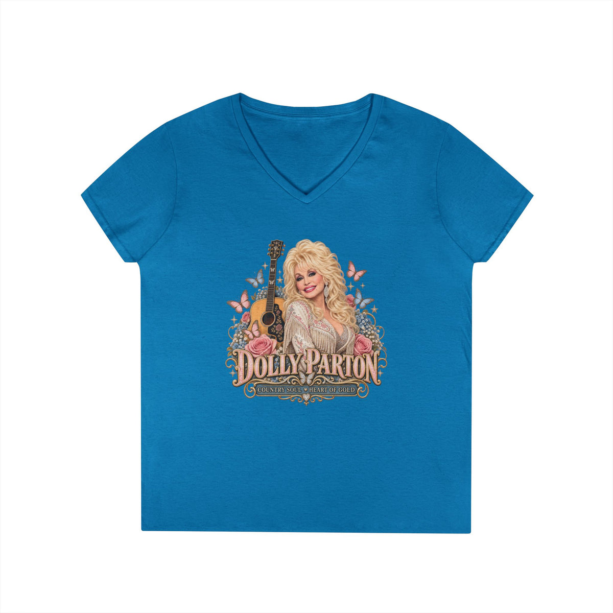 Country Music Singer Portrait T-Shirt Dolly Parton | Vintage Guitar Floral Design