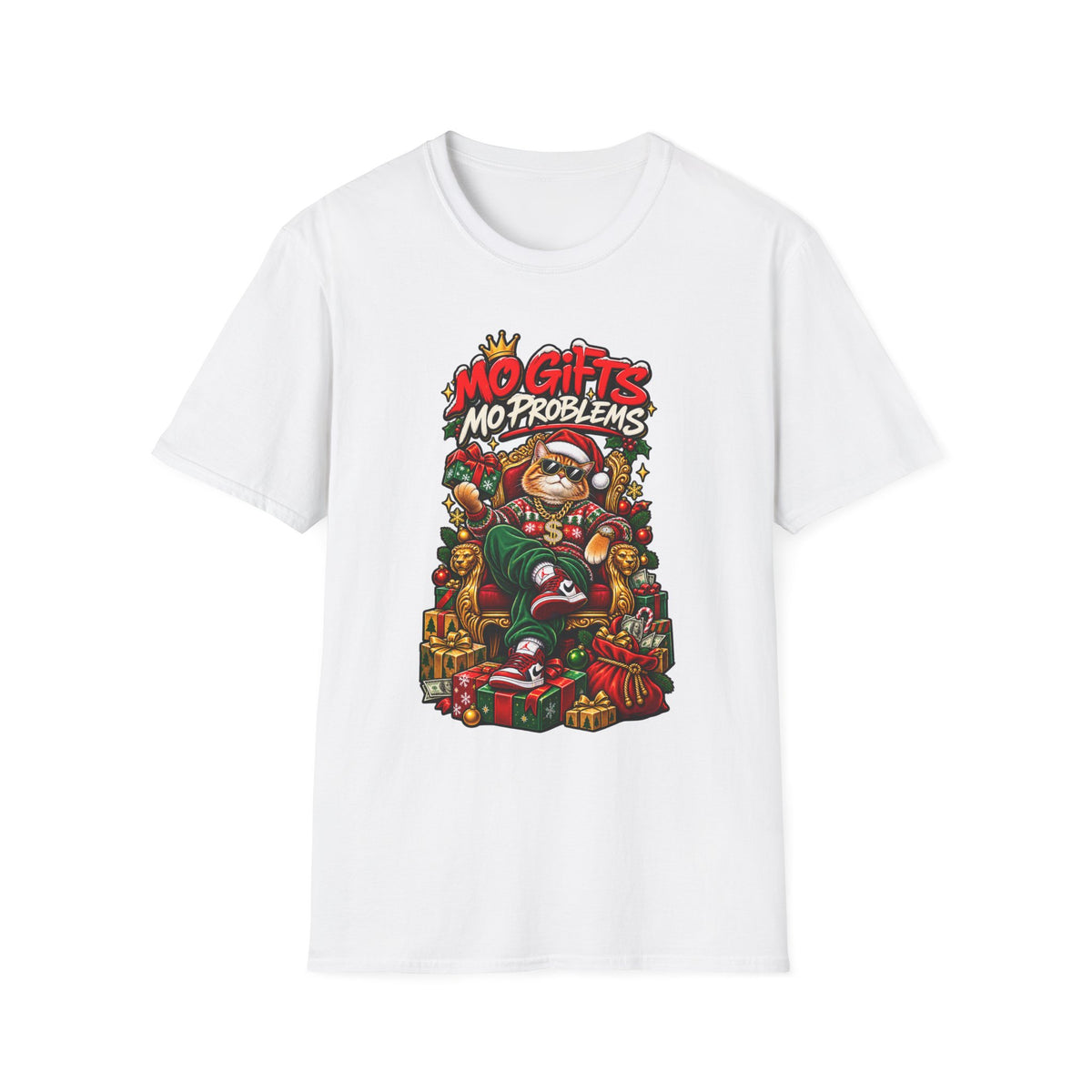Mo Gifts Mo Problems T-Shirt | Funny Santa Cat Christmas Tee | 1990's 2000's Nostalgia Throwback