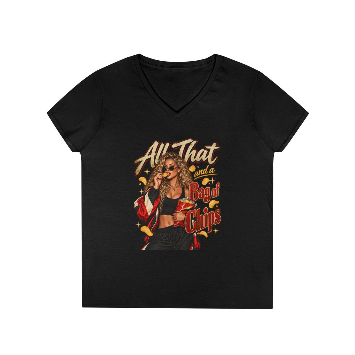 All That And A Bag of Chips Graphic V-Neck Tee | Retro Pinup Illustration | 90's 00's Hip Hop Pop Culture Nostalgia
