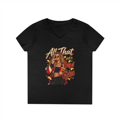 All That And A Bag of Chips Graphic V-Neck Tee | Retro Pinup Illustration | 90's 00's Hip Hop Pop Culture Nostalgia