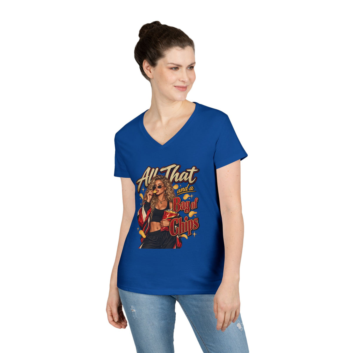 All That And A Bag of Chips Graphic V-Neck Tee | Retro Pinup Illustration | 90's 00's Hip Hop Pop Culture Nostalgia
