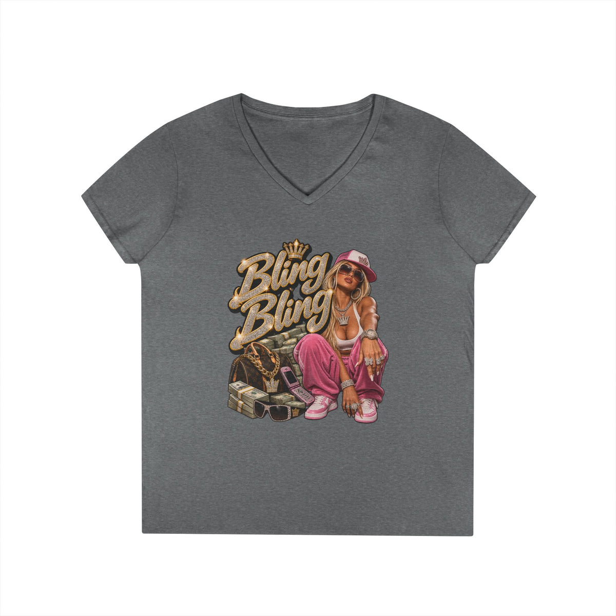 Bling Bling Graphic V-Neck Tee | Retro Hip Hop Babe, Gold Chains | 90s 00s Hip Hop Pop Culture Nostalgia