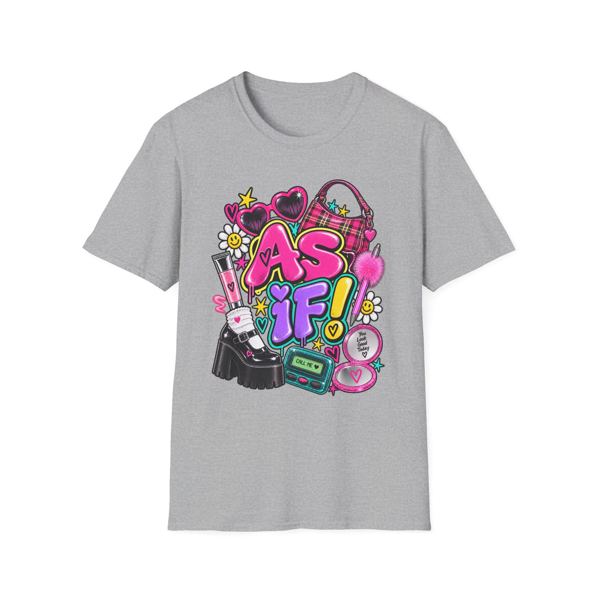 As If! Graphic Tee | 90s Y2K Retro Print, Heart Sunglasses, Plaid Bag | 90's 00's Hip Hop Pop Culture Nostalgia