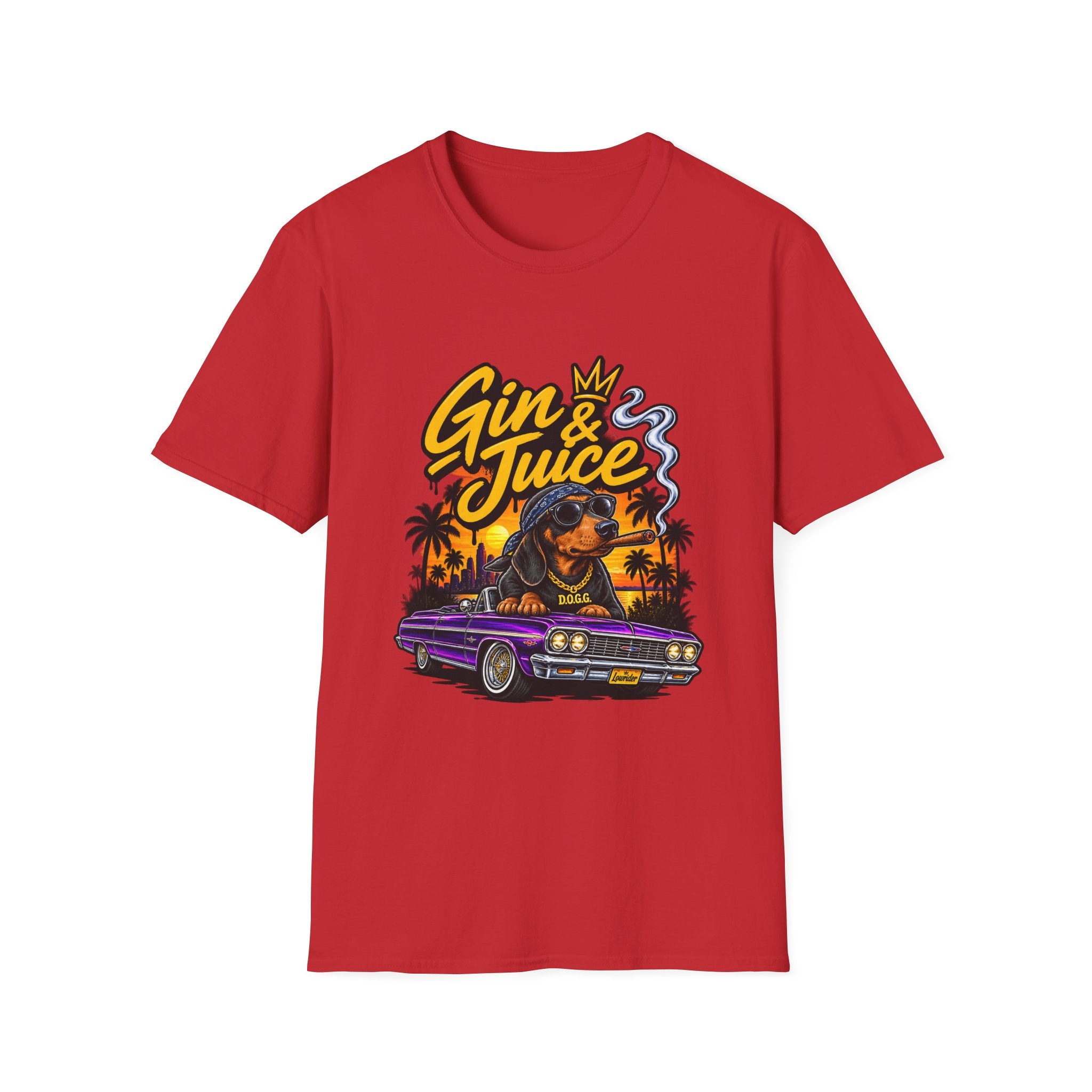 Gin & Juice Graphic Tee | Lowrider Dog Sunset Illustration | 1990's 2000's Nostalgia Throwback