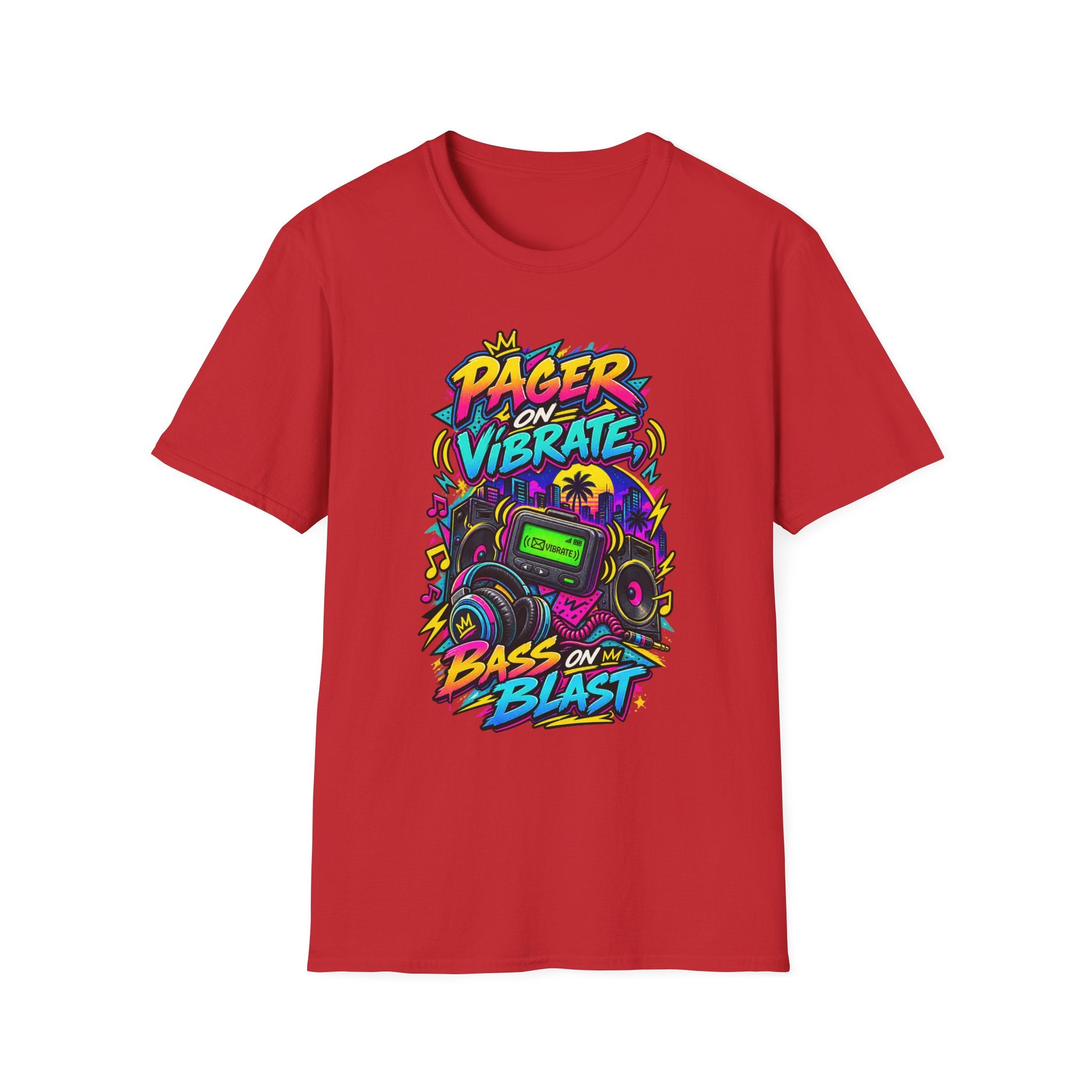 Pager on Vibrate Retro 90s Graphic T-Shirt | Bass on Blast Neon Boombox | 1990's 2000's Nostalgia Throwback