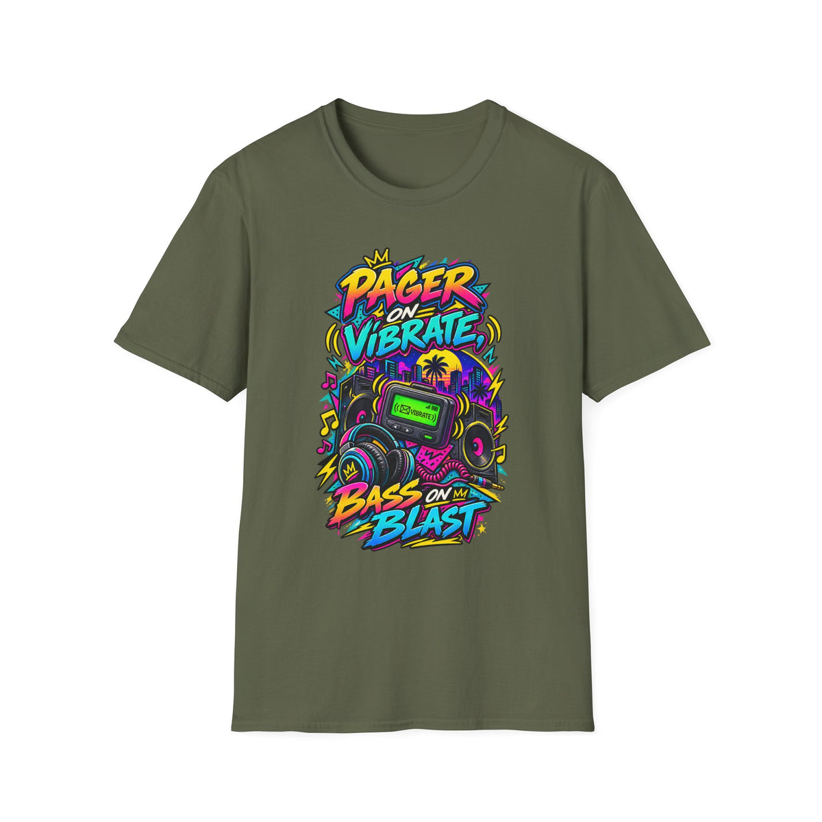 Pager on Vibrate Retro 90s Graphic T-Shirt | Bass on Blast Neon Boombox | 1990's 2000's Nostalgia Throwback