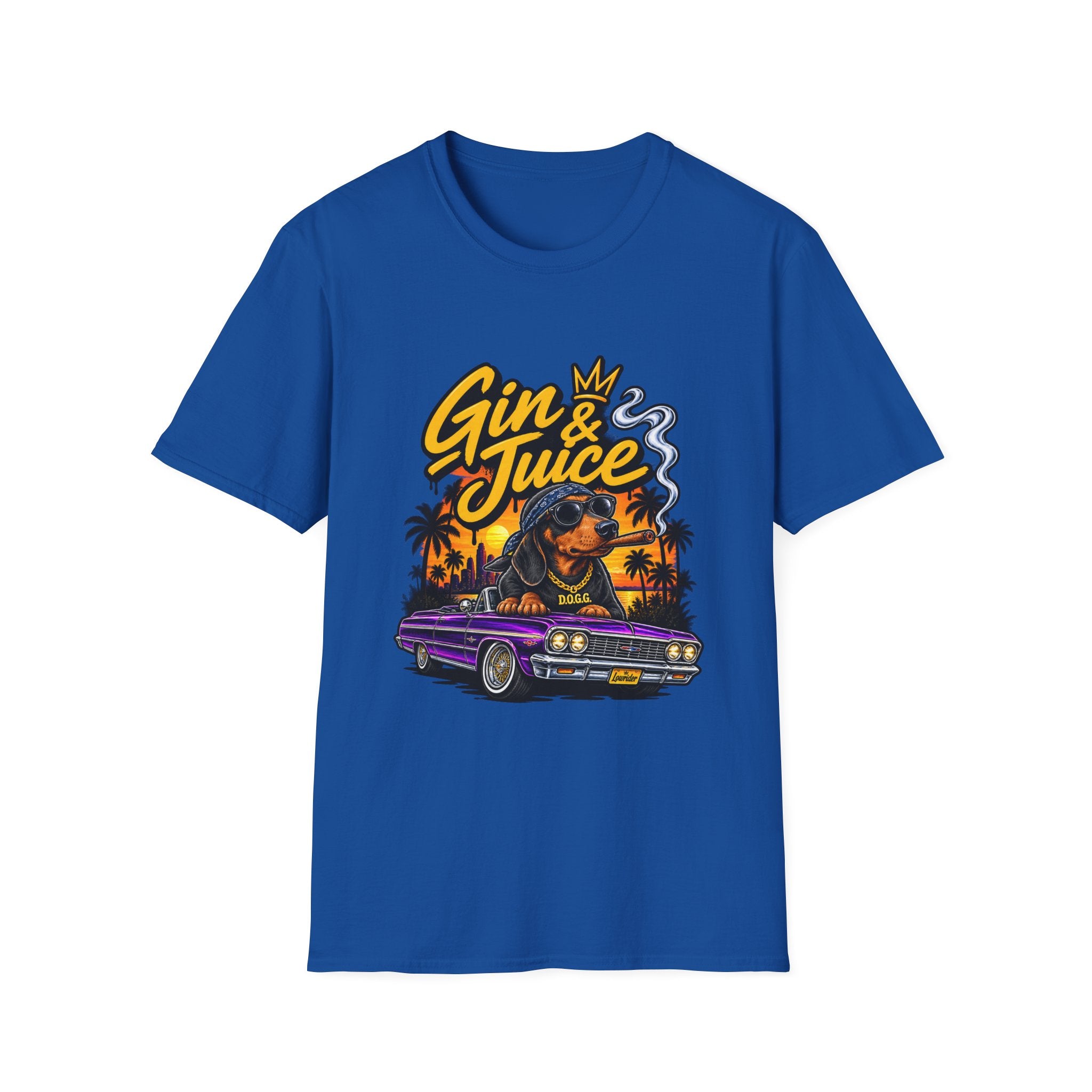 Gin & Juice Graphic Tee | Lowrider Dog Sunset Illustration | 1990's 2000's Nostalgia Throwback