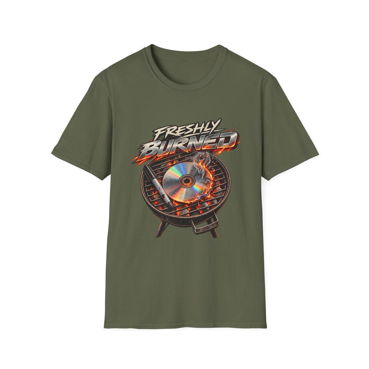 Freshly Burned CD Grill Graphic T-Shirt | Retro Metal Flame Design | 1990's 2000's Nostalgia Throwback