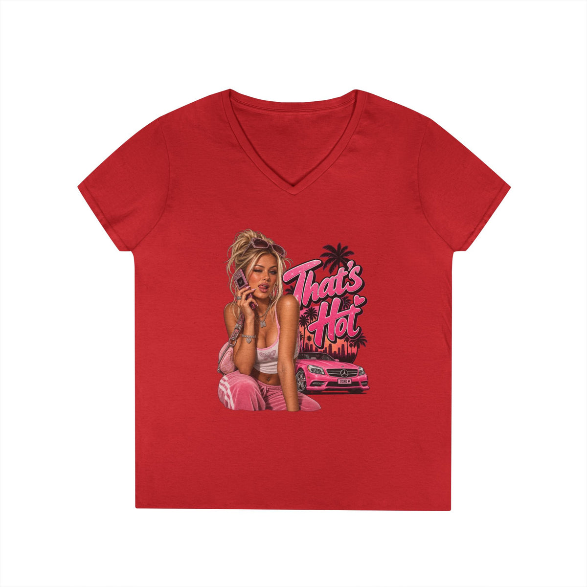 Thats Hot Pinup Girl V-Neck T-Shirt | Retro Palm Car Graphic | 90s 00s Hip Hop Pop Culture Nostalgia