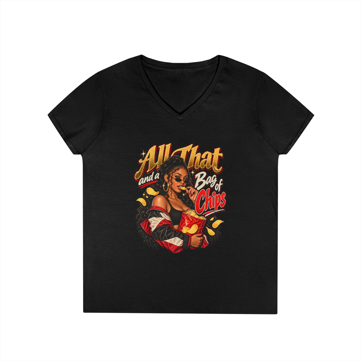 All That and a Bag of Chips V-Neck T-Shirt | Retro Pinup Snack Graphic | 90s 00s Hip Hop Pop Culture Nostalgia