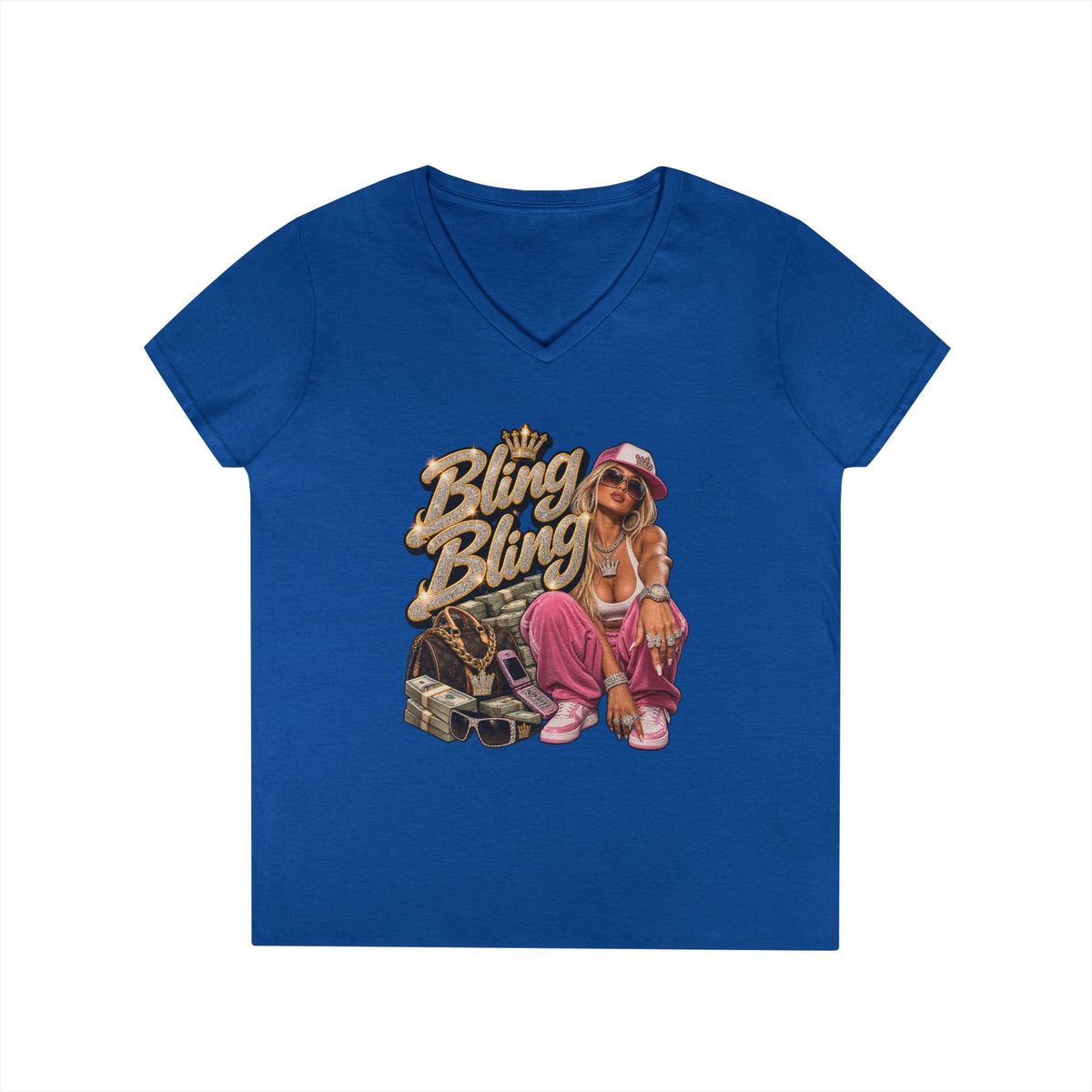 Bling Bling Graphic V-Neck Tee | Retro Hip Hop Babe, Gold Chains | 90s 00s Hip Hop Pop Culture Nostalgia