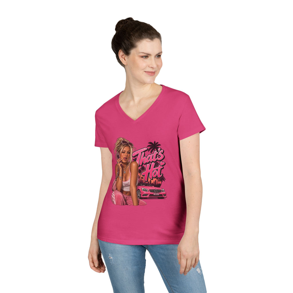 Thats Hot Pinup Girl V-Neck T-Shirt | Retro Palm Car Graphic | 90s 00s Hip Hop Pop Culture Nostalgia