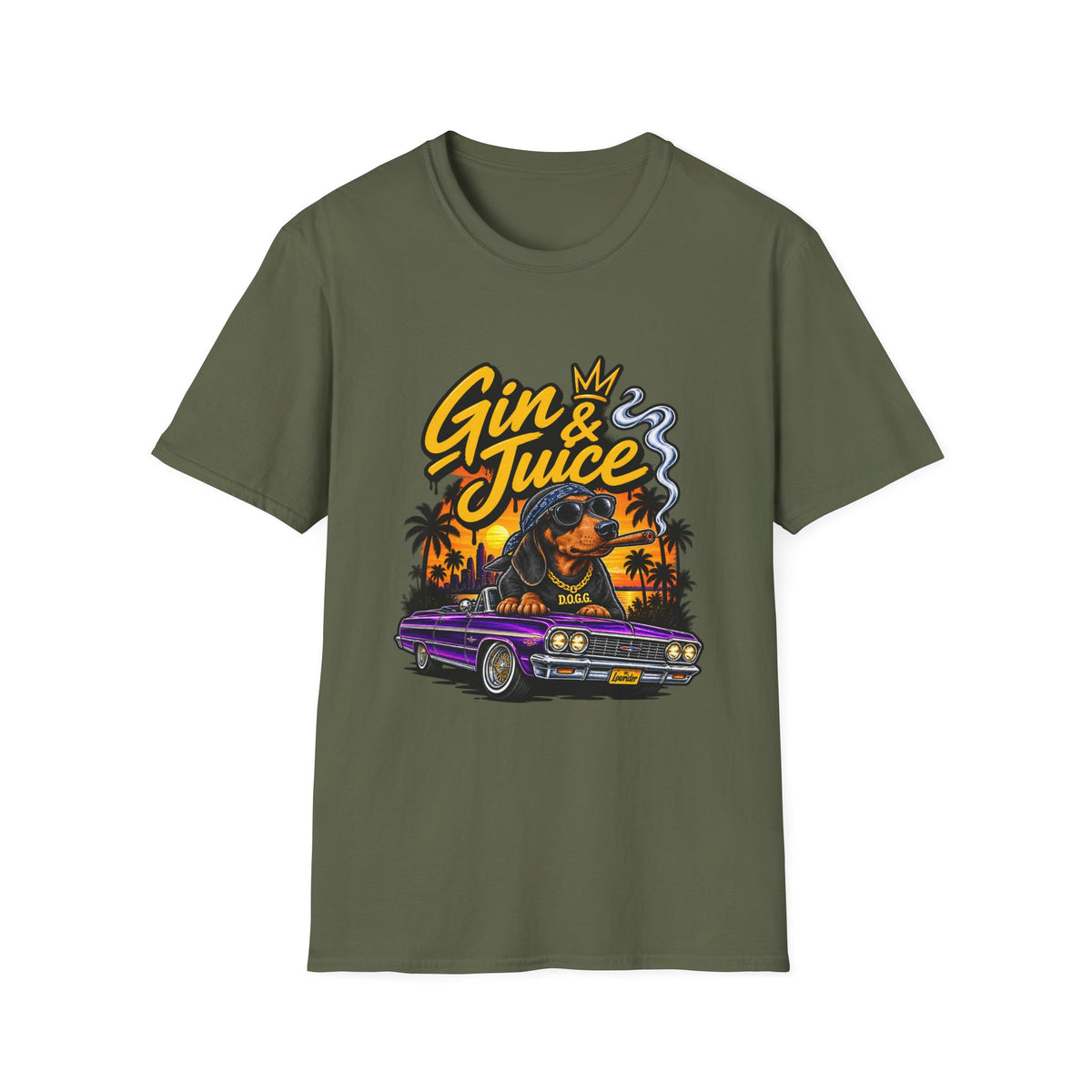 Gin & Juice Graphic Tee | Lowrider Dog Sunset Illustration | 1990's 2000's Nostalgia Throwback