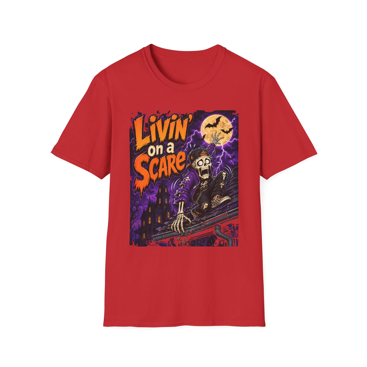 Livin on a Scare T-Shirt | Halloween Skeleton Moon Design