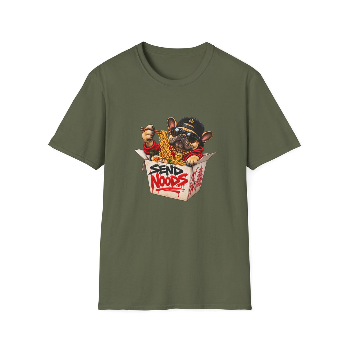 Send Noods Ramen Dog T-Shirt | Cute Dog in Noodle Box Graphic Tee | Pop Culture Noodles