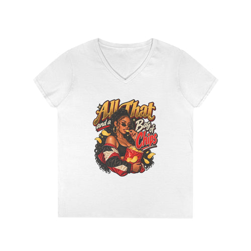 All That and a Bag of Chips V-Neck T-Shirt | Retro Pinup Snack Graphic | 90s 00s Hip Hop Pop Culture Nostalgia