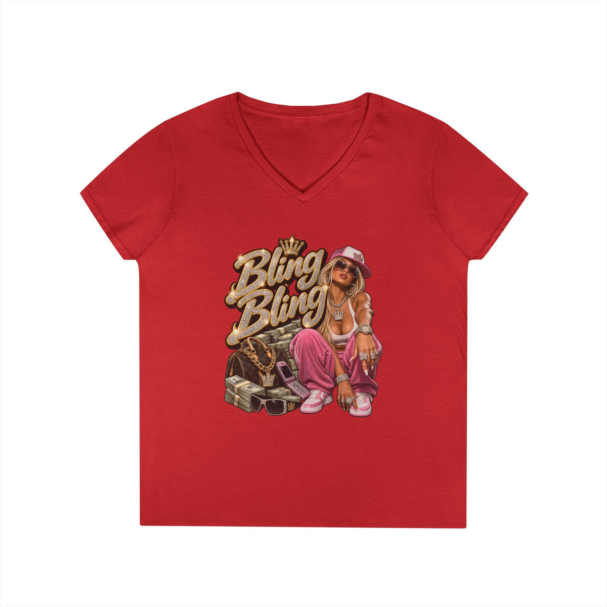 Bling Bling Graphic V-Neck Tee | Retro Hip Hop Babe, Gold Chains | 90s 00s Hip Hop Pop Culture Nostalgia