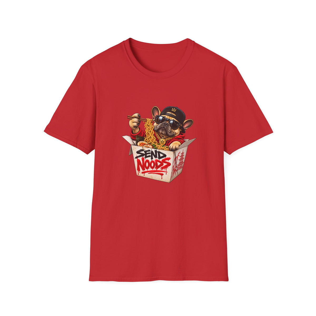 Send Noods Ramen Dog T-Shirt | Cute Dog in Noodle Box Graphic Tee | Pop Culture Noodles