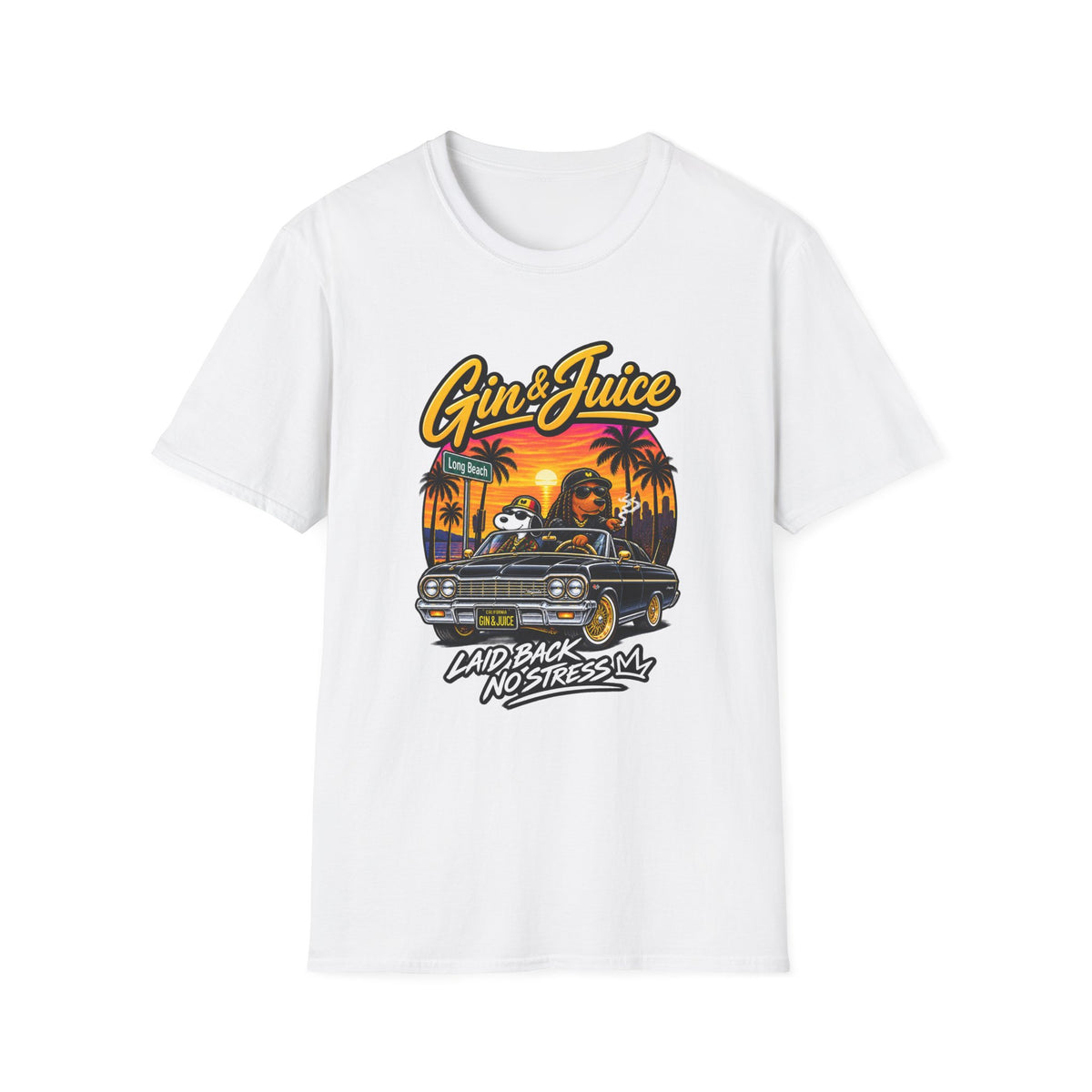 Gin & Juice Beach Sunset T-Shirt | Laidback Lowrider Palm Tree Design |  1990's 2000's Nostalgia Throwback