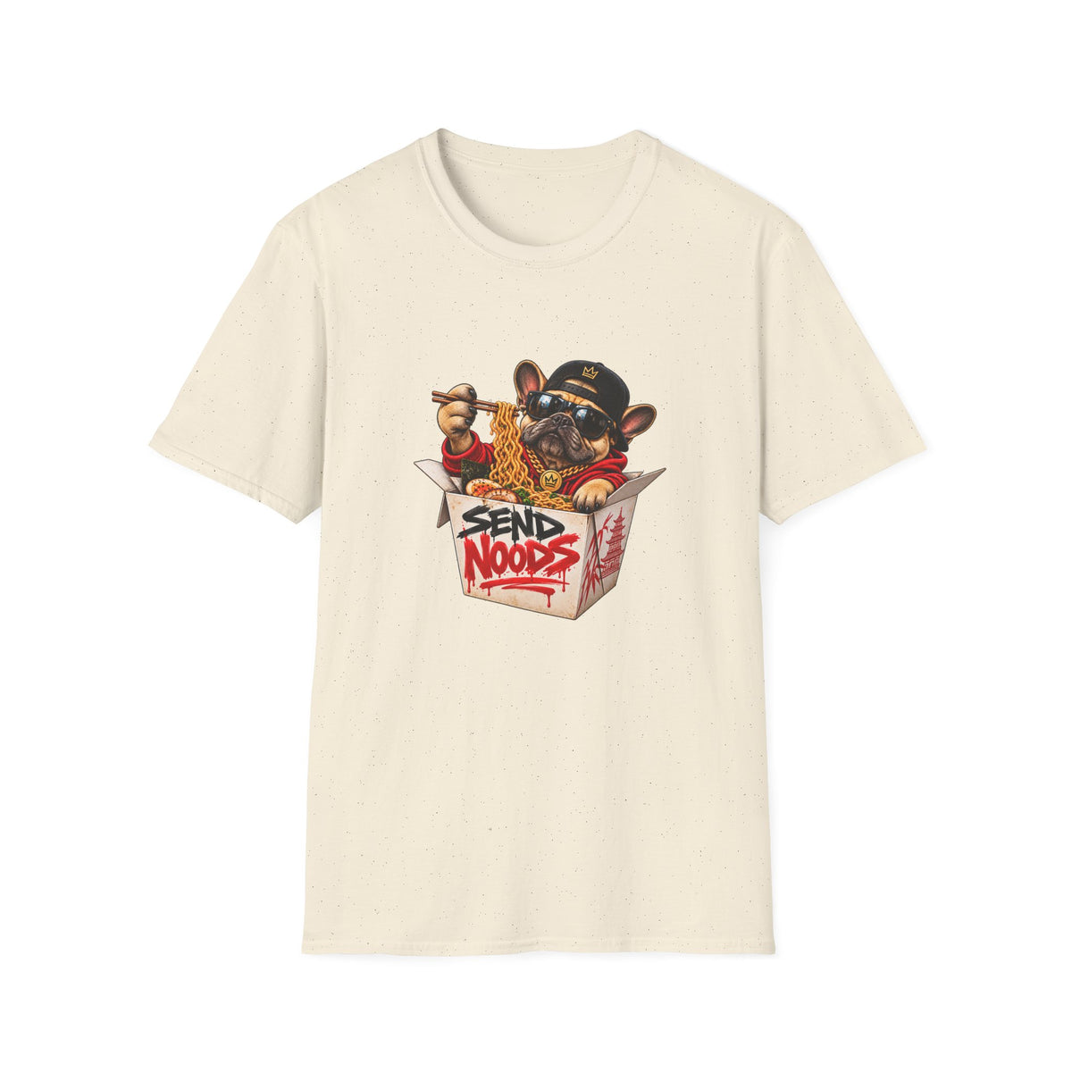 Send Noods Ramen Dog T-Shirt | Cute Dog in Noodle Box Graphic Tee | Pop Culture Noodles