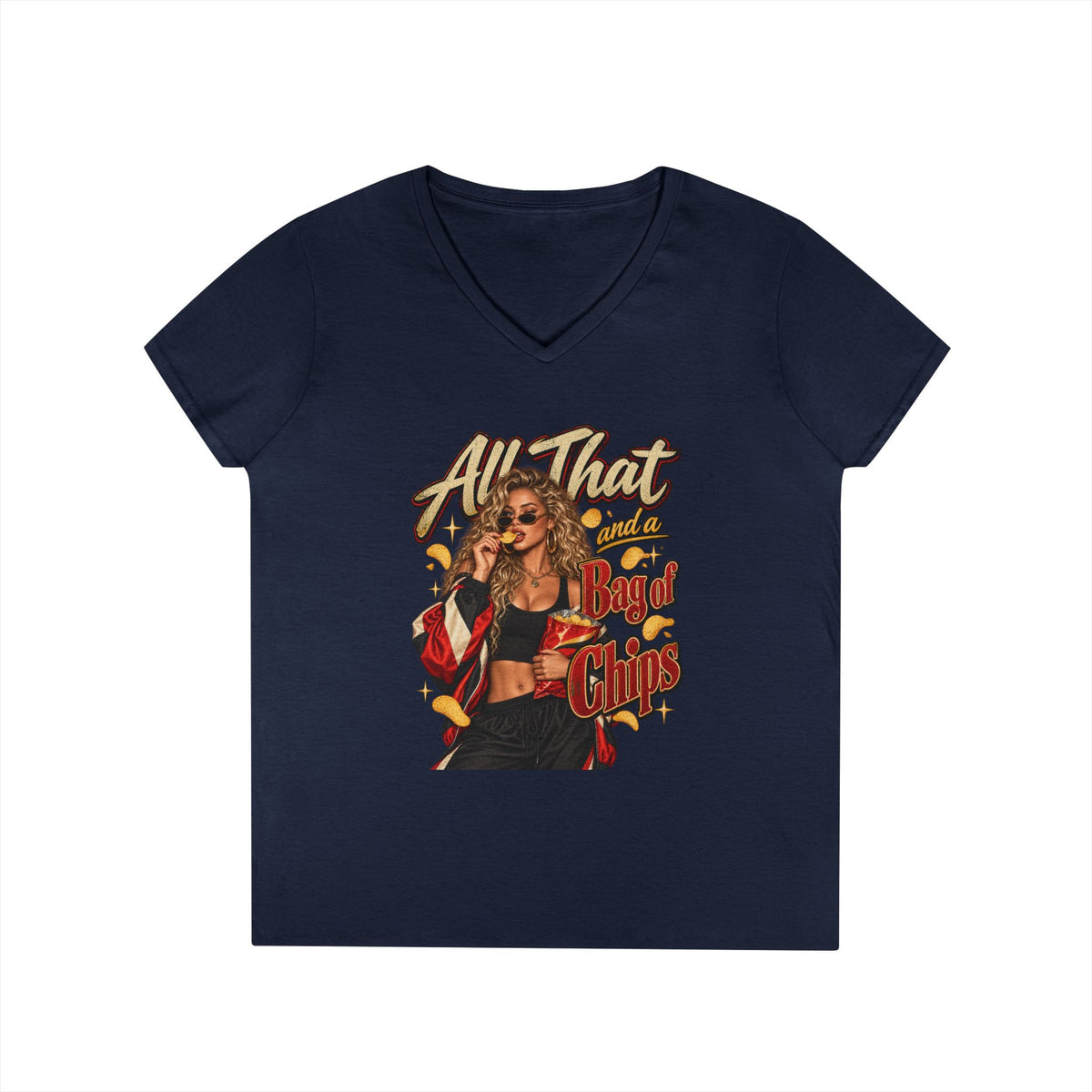 All That And A Bag of Chips Graphic V-Neck Tee | Retro Pinup Illustration | 90's 00's Hip Hop Pop Culture Nostalgia
