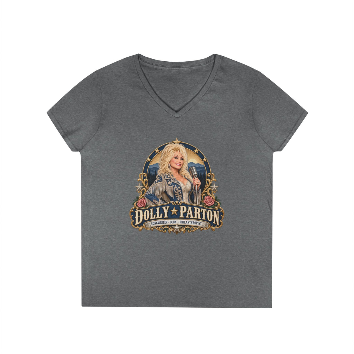 Dolly Parton Portrait V-Neck Tribute T-Shirt | Country Music Icon Tee