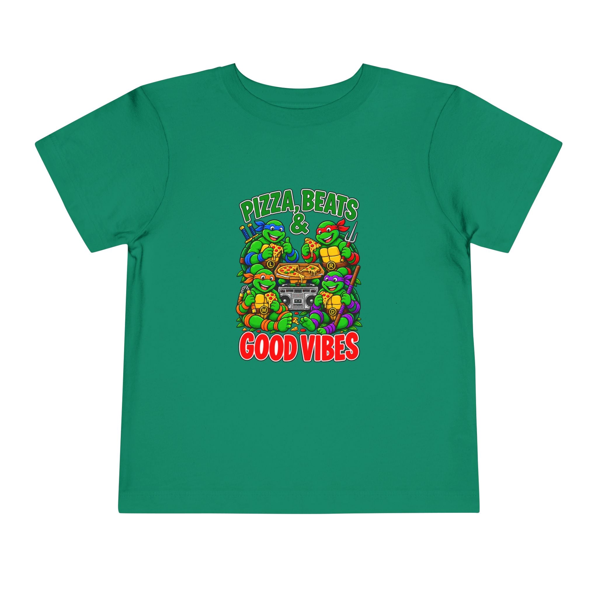 Pizza, Beats and Good Vibes Toddler Tee | Cartoon Pizza Party Design
