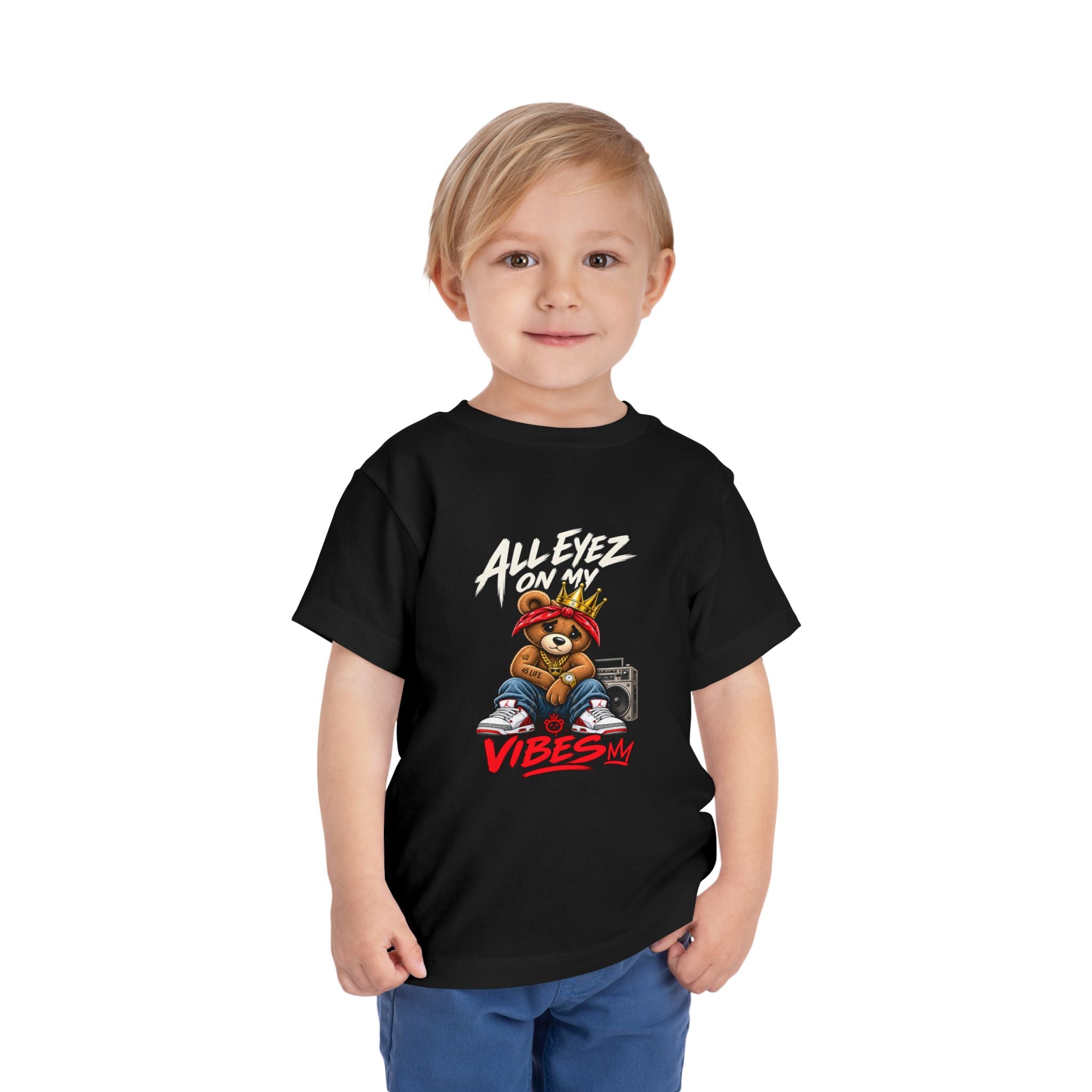 All Eyez On My Vibes Teddy Bear Toddler Tee | Hip Hop Boombox Graphic