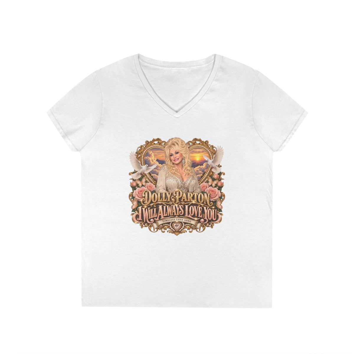 Dolly Parton Portrait V-Neck T-Shirt Pink | Dolly Parton Always Love You | Memorial Tribute