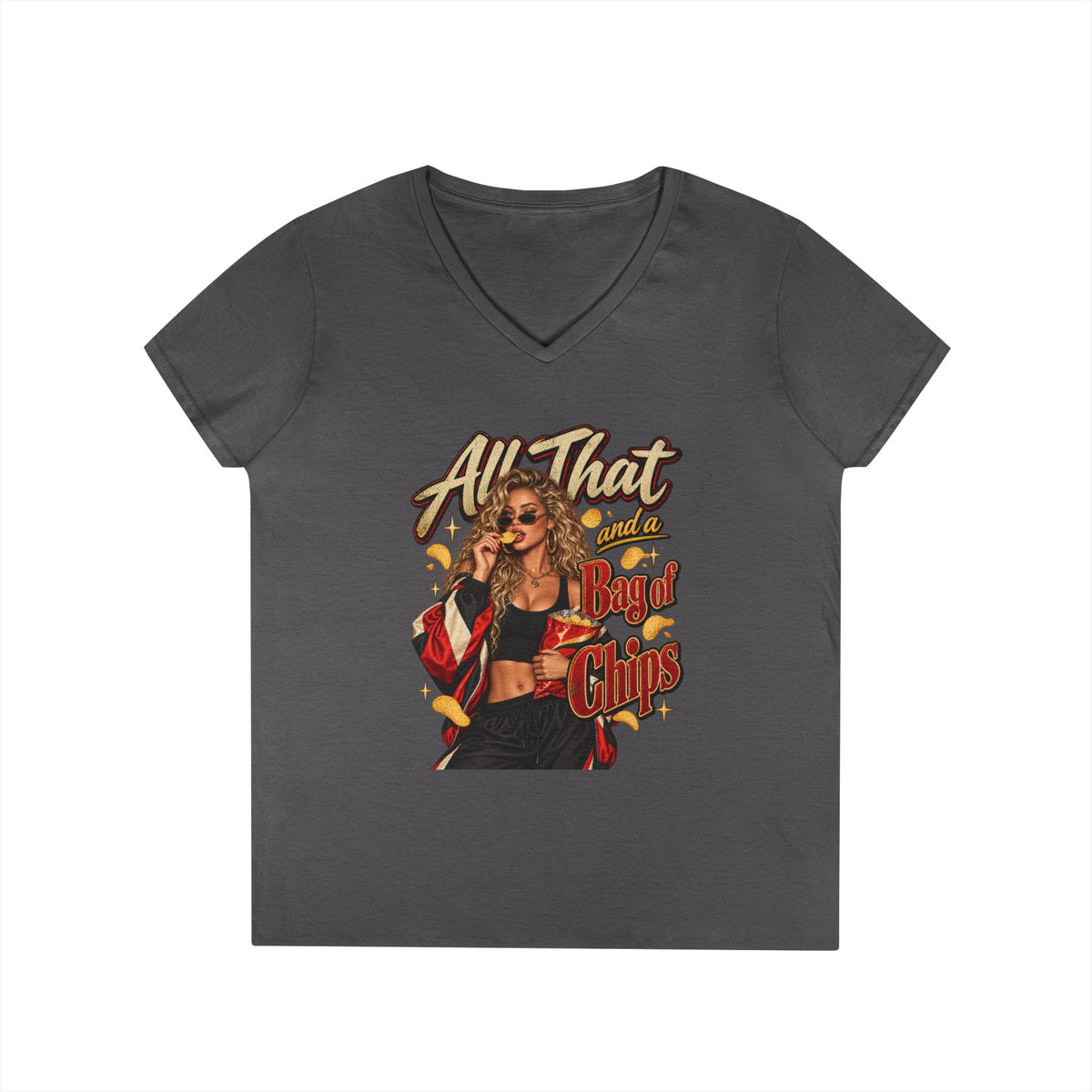 All That and a Bag of Chips V-Neck T-Shirt | 90s Retro Graphic Tee | 90s 00s Hip Hop Pop Culture Nostalgia