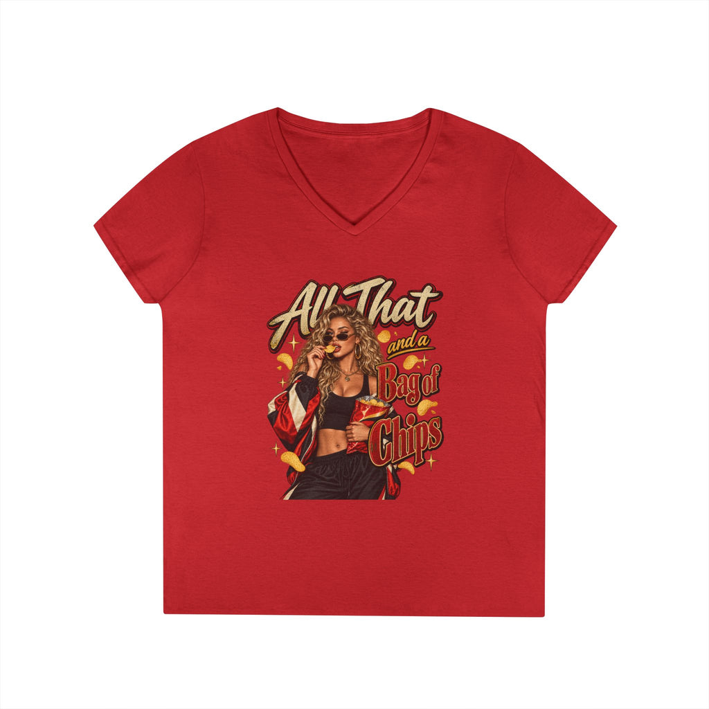 All That And A Bag of Chips Graphic V-Neck Tee | Retro Pinup Illustration | 90's 00's Hip Hop Pop Culture Nostalgia