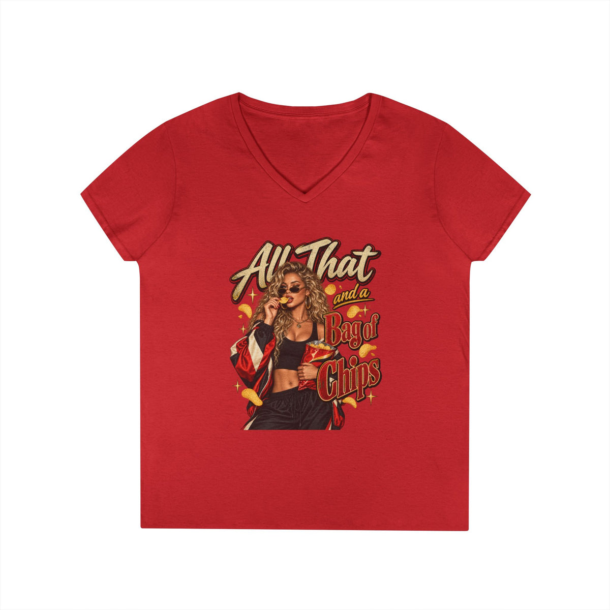 All That And A Bag of Chips Graphic V-Neck Tee | Retro Pinup Illustration | 90's 00's Hip Hop Pop Culture Nostalgia