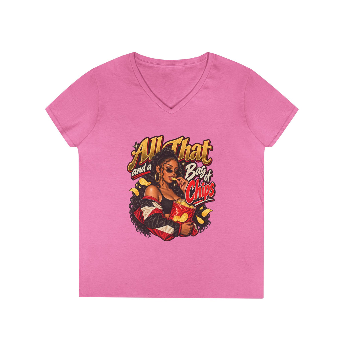 All That and a Bag of Chips V-Neck T-Shirt | Retro Pinup Snack Graphic | 90s 00s Hip Hop Pop Culture Nostalgia