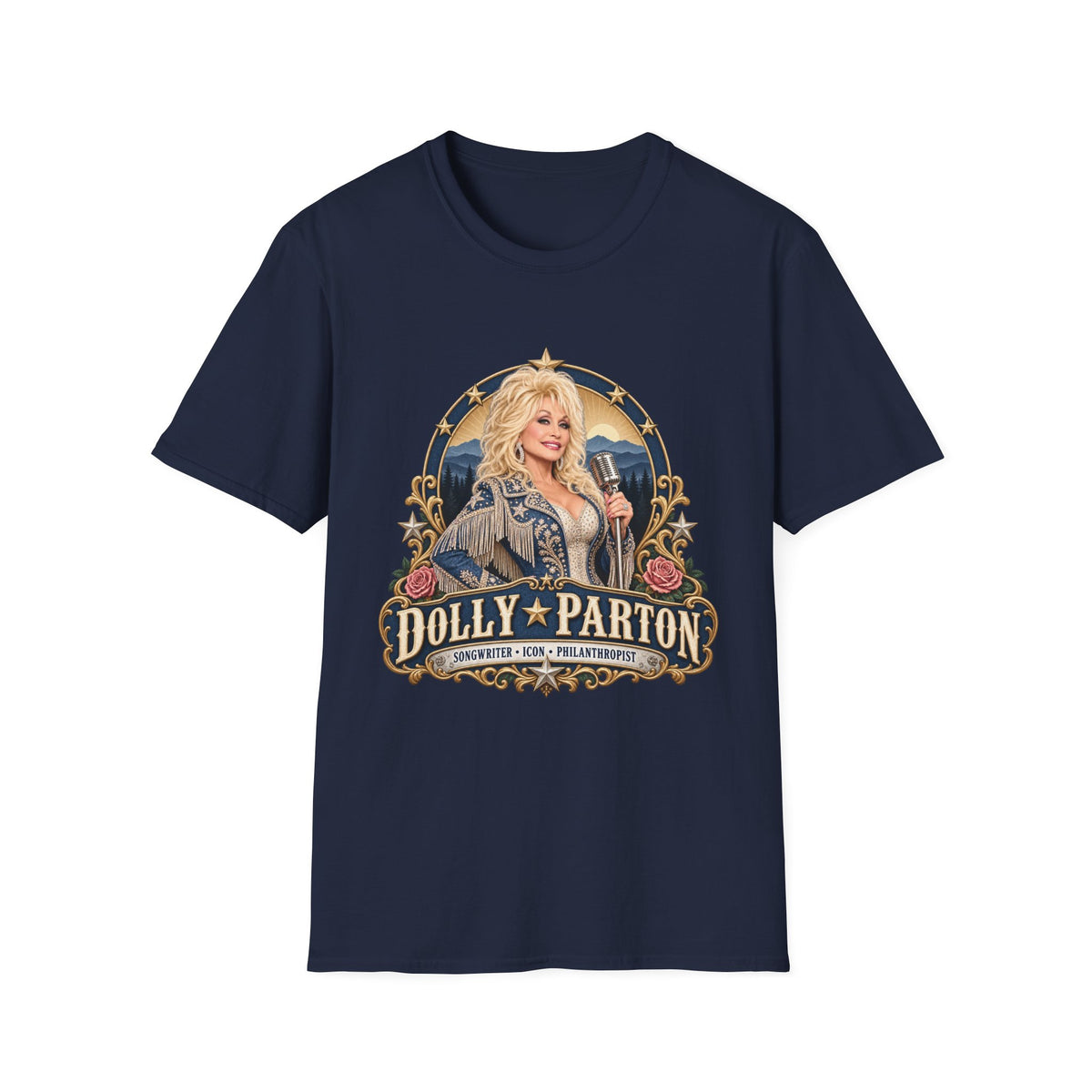 Country Singer Dolly Parton Portrait T-Shirt | Retro Western Microphone Design