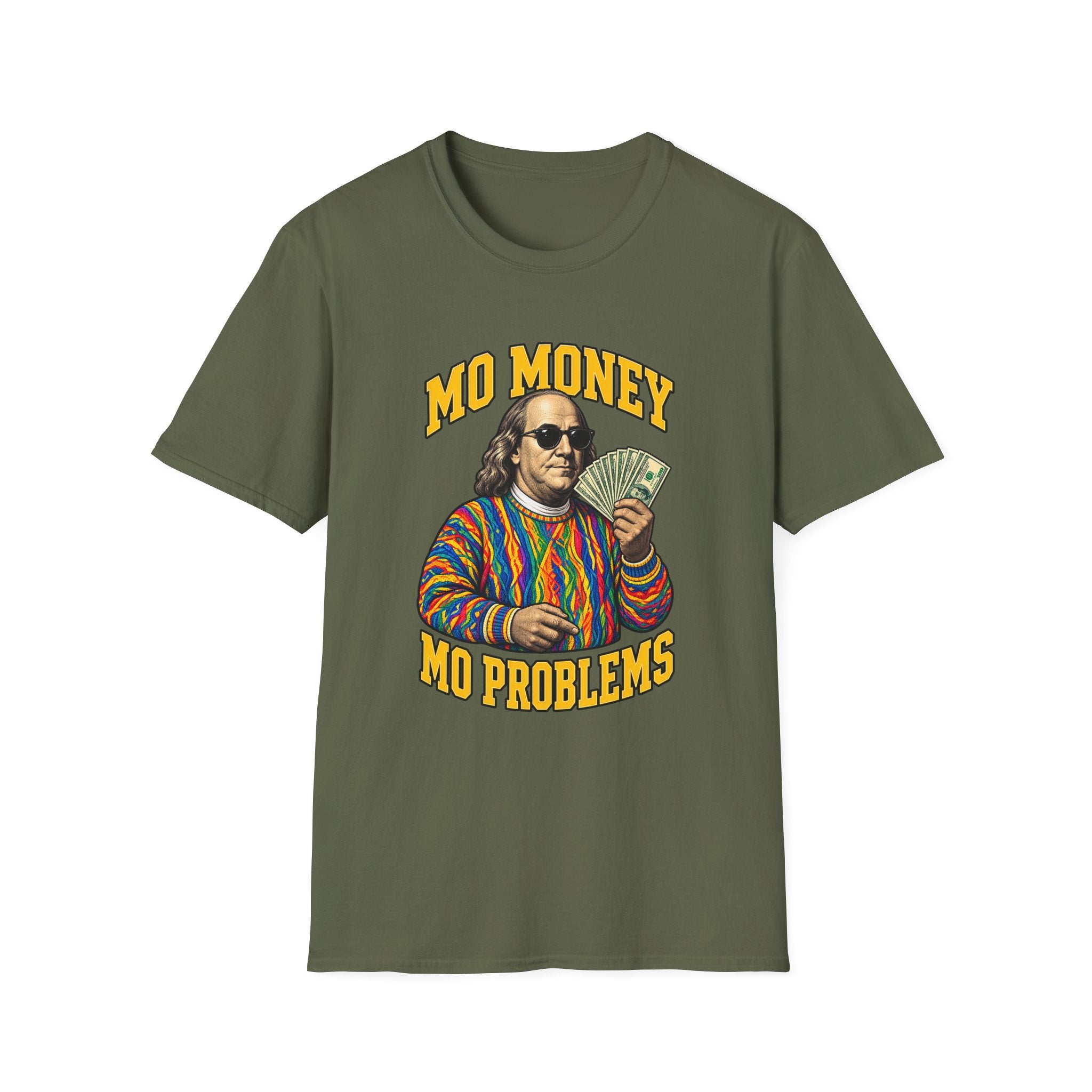 Benjamin Franklin holding cash Mo Money T-Shirt | Retro Money Humor | 1990's 2000's Nostalgia Throwback