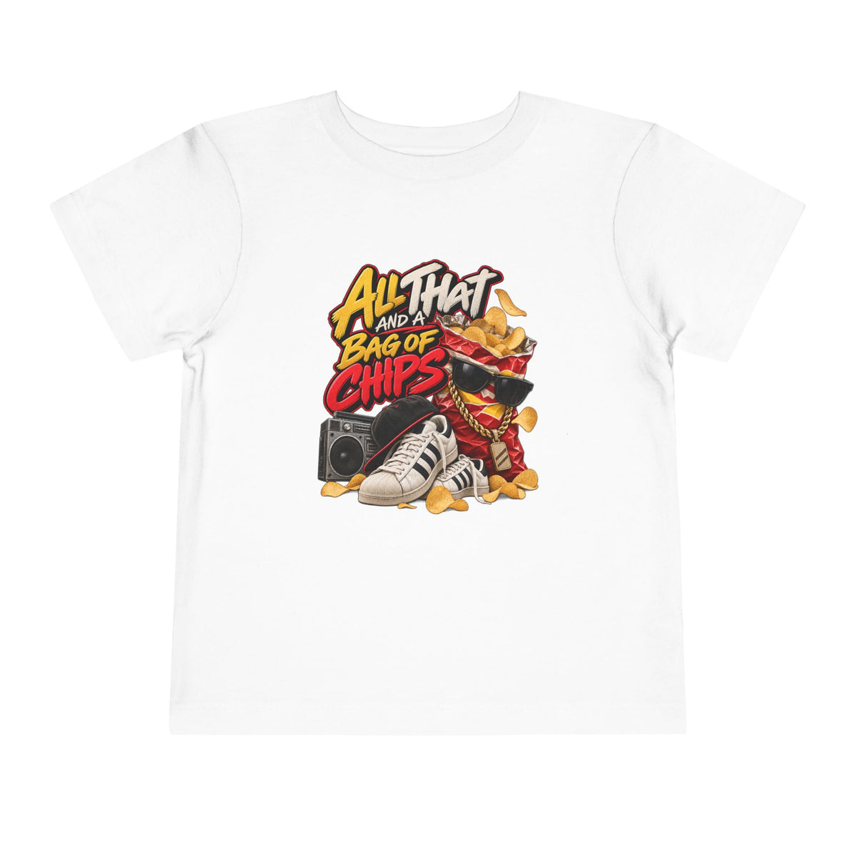 All That and a Bag of Chips Toddler Tee | Retro Sneaker Snack Graphic | 90's 00's Hip Hop Pop Culture Nostalgia