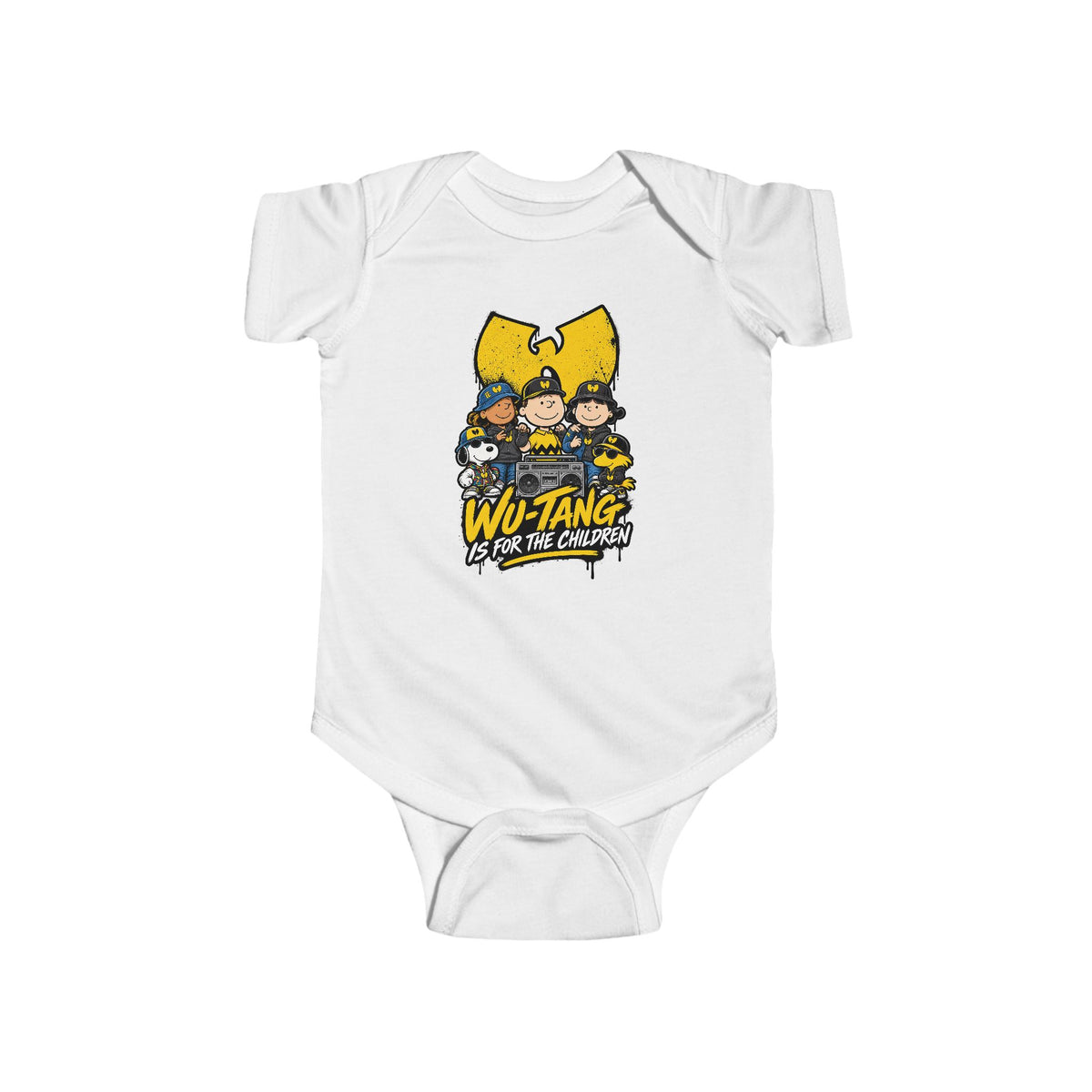 Wu-Tang Is For the Children Yellow Cartoon Crew Infant Bodysuit | Hip Hop Logo Baby Onesie | 90s 00s Hip Hop Nostalgia Pop Culture
