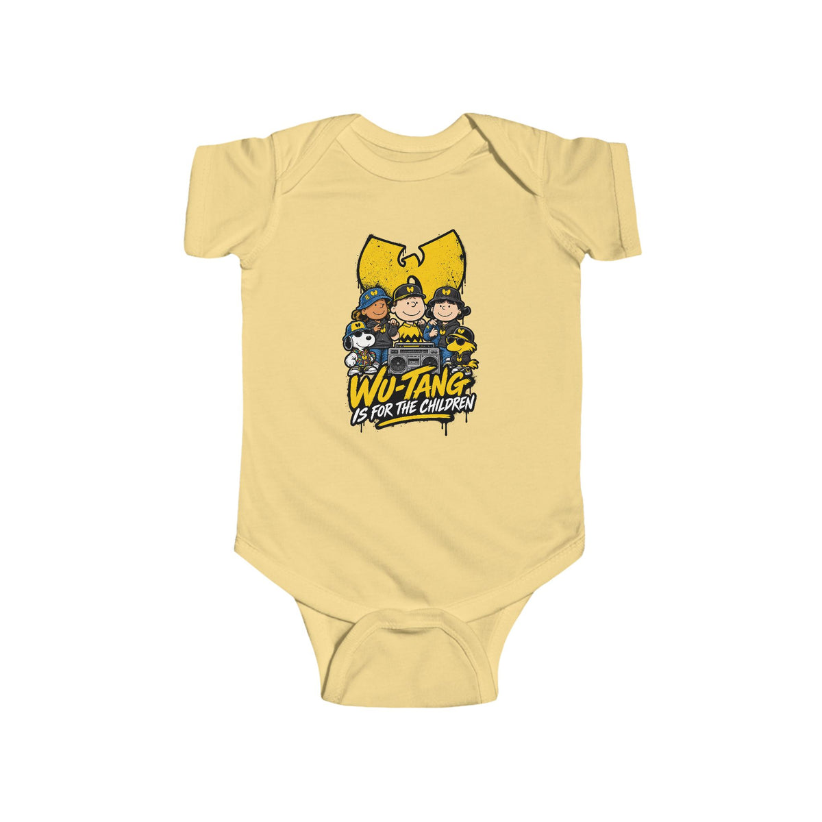 Wu-Tang Is For the Children Yellow Cartoon Crew Infant Bodysuit | Hip Hop Logo Baby Onesie | 90s 00s Hip Hop Nostalgia Pop Culture
