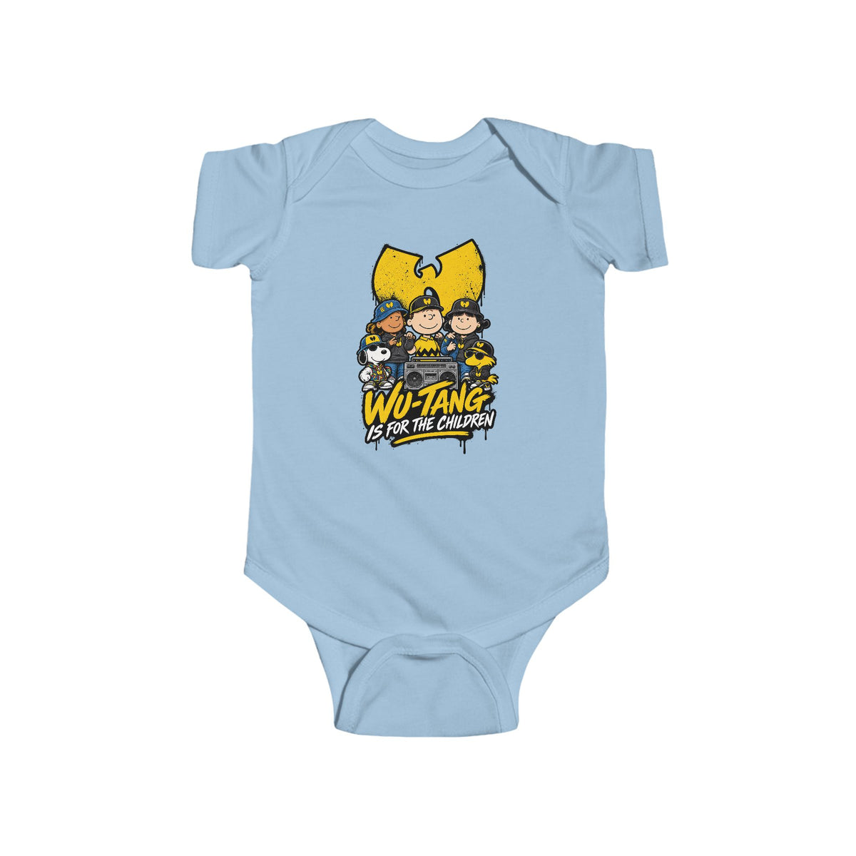 Wu-Tang Is For the Children Yellow Cartoon Crew Infant Bodysuit | Hip Hop Logo Baby Onesie | 90s 00s Hip Hop Nostalgia Pop Culture