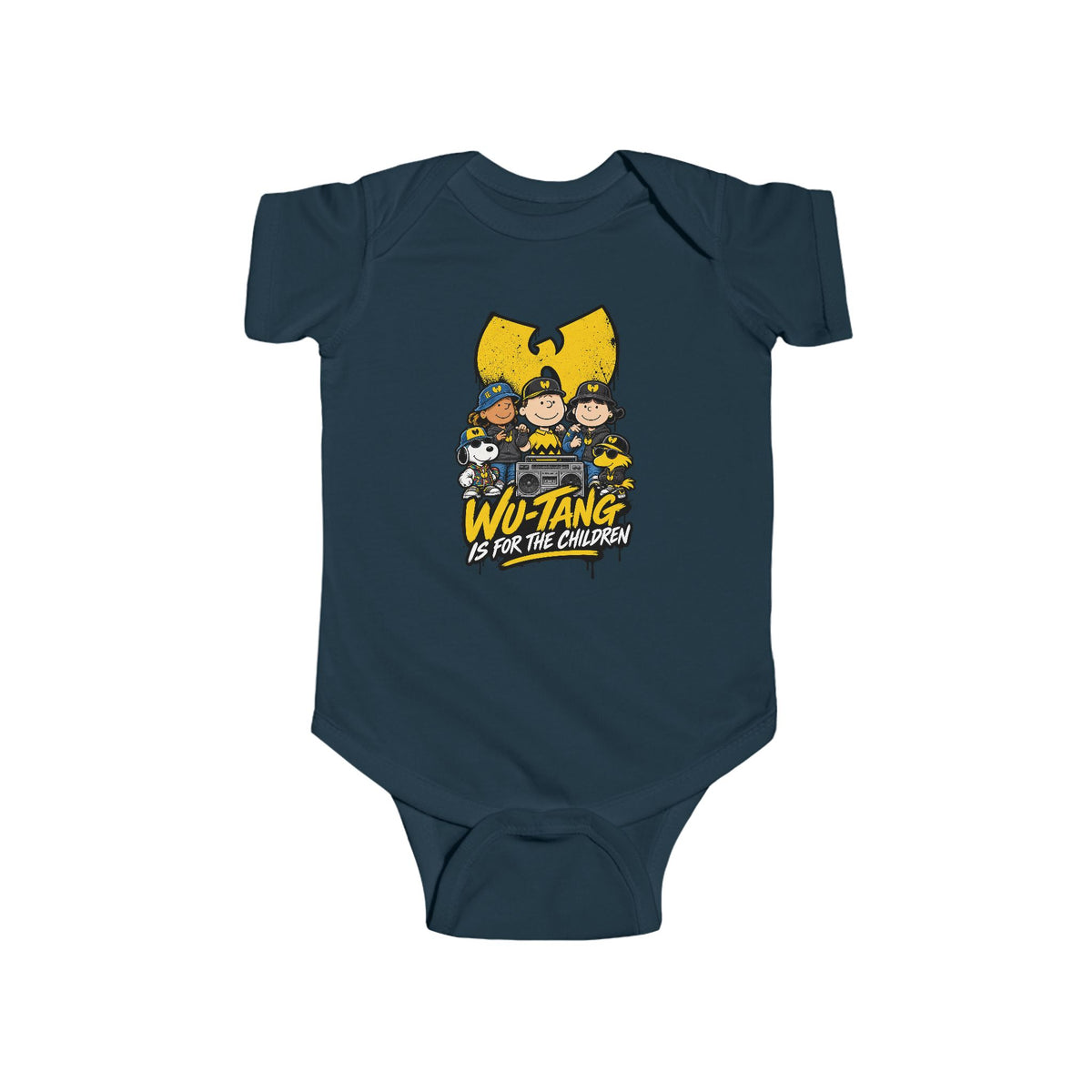Wu-Tang Is For the Children Yellow Cartoon Crew Infant Bodysuit | Hip Hop Logo Baby Onesie | 90s 00s Hip Hop Nostalgia Pop Culture