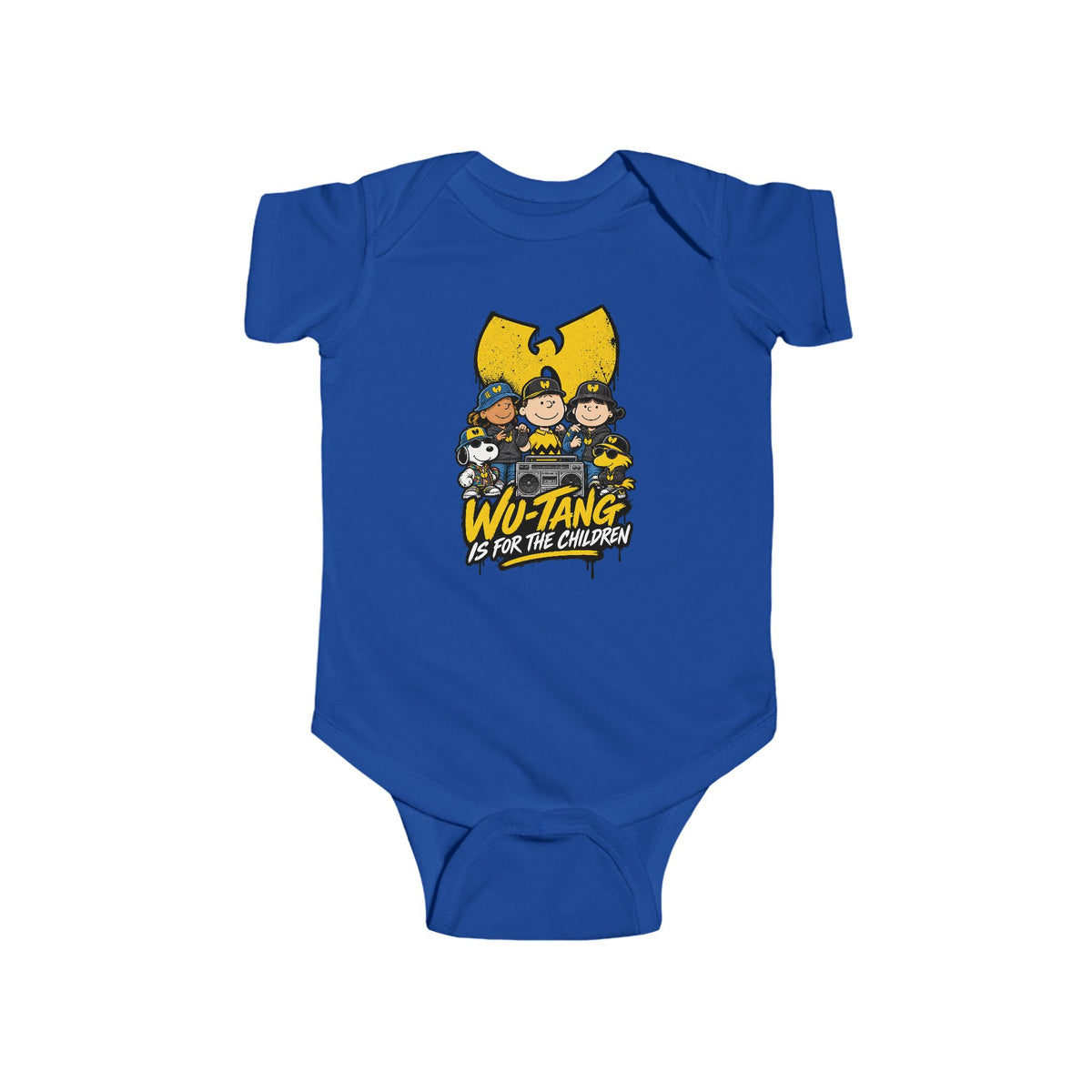 Wu-Tang Is For the Children Yellow Cartoon Crew Infant Bodysuit | Hip Hop Logo Baby Onesie | 90s 00s Hip Hop Nostalgia Pop Culture
