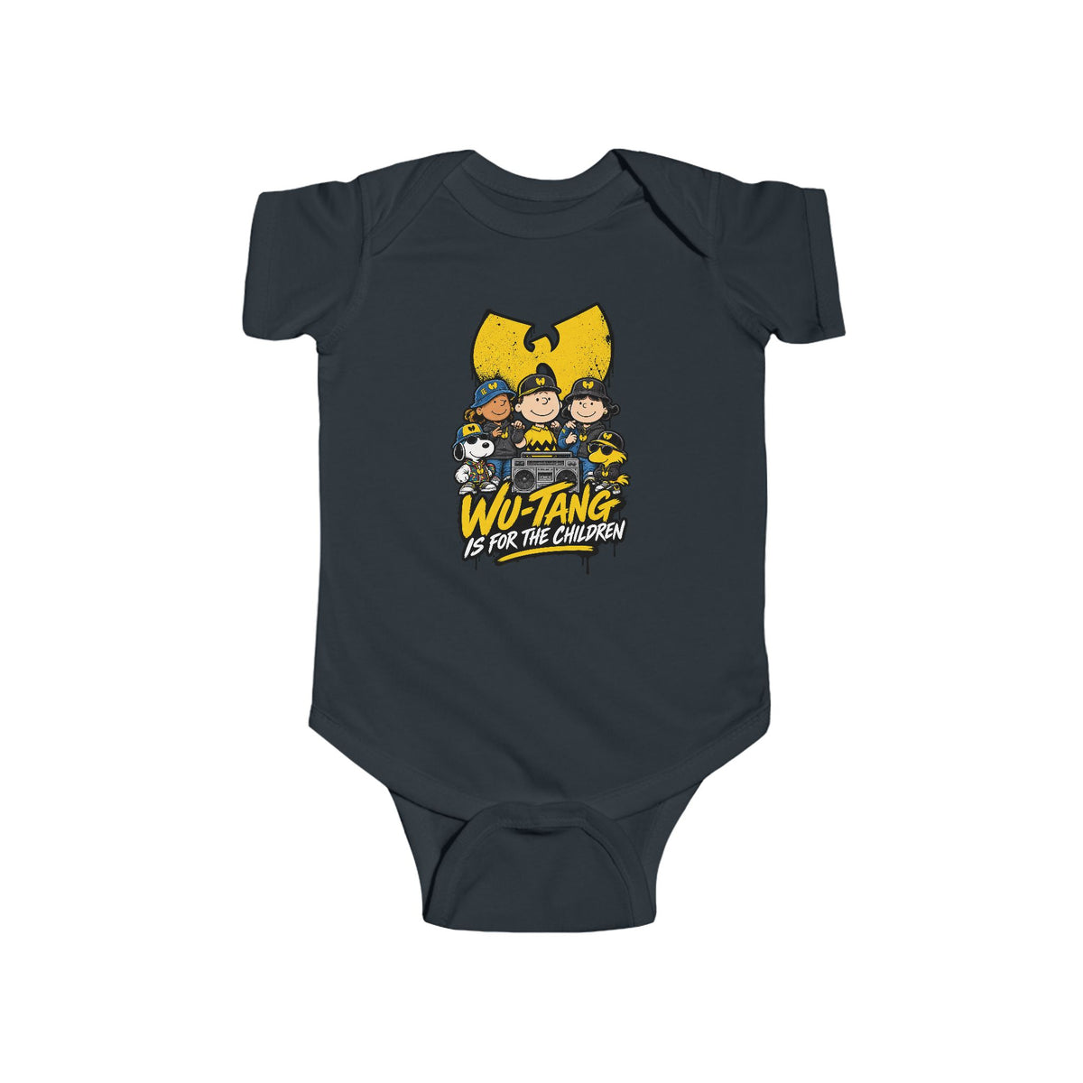 Wu-Tang Is For the Children Yellow Cartoon Crew Infant Bodysuit | Hip Hop Logo Baby Onesie | 90s 00s Hip Hop Nostalgia Pop Culture