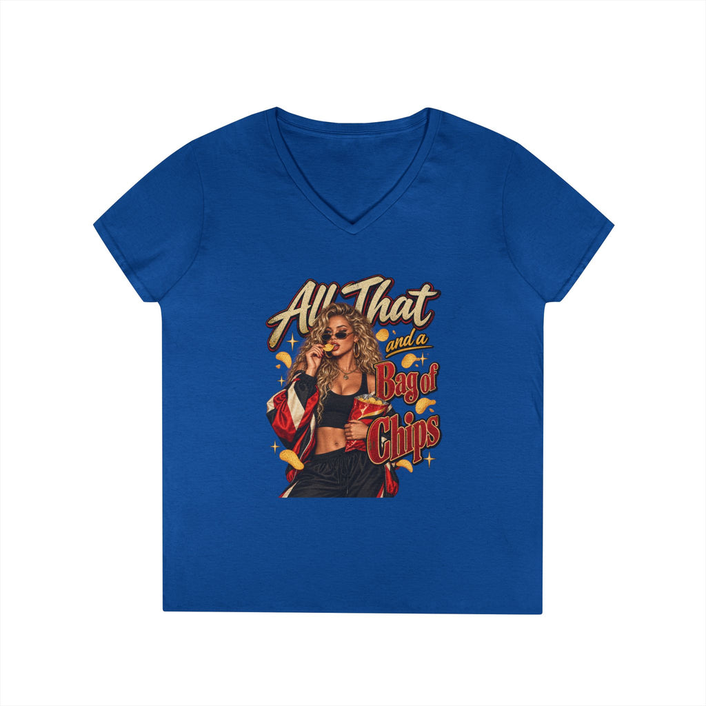 All That And A Bag of Chips Graphic V-Neck Tee | Retro Pinup Illustration | 90's 00's Hip Hop Pop Culture Nostalgia