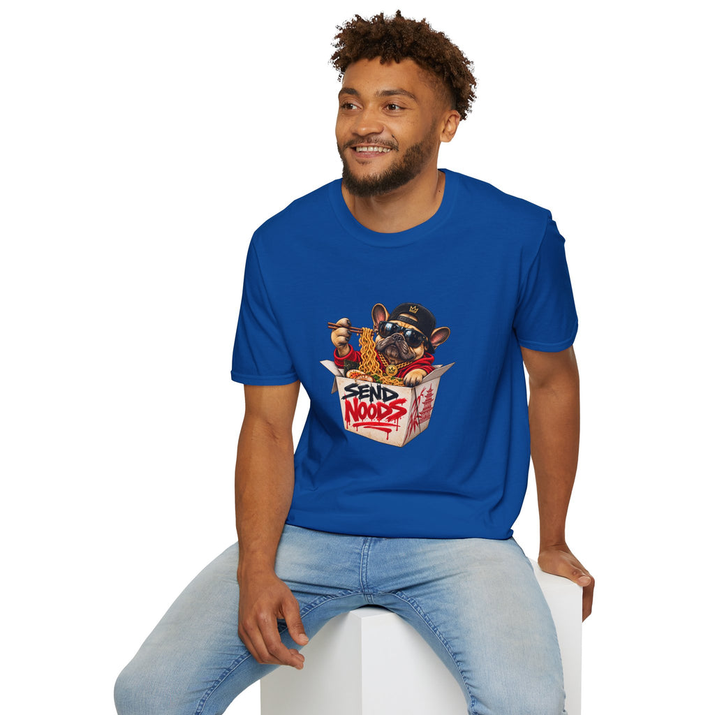 Send Noods Ramen Dog T-Shirt | Cute Dog in Noodle Box Graphic Tee | Pop Culture Noodles
