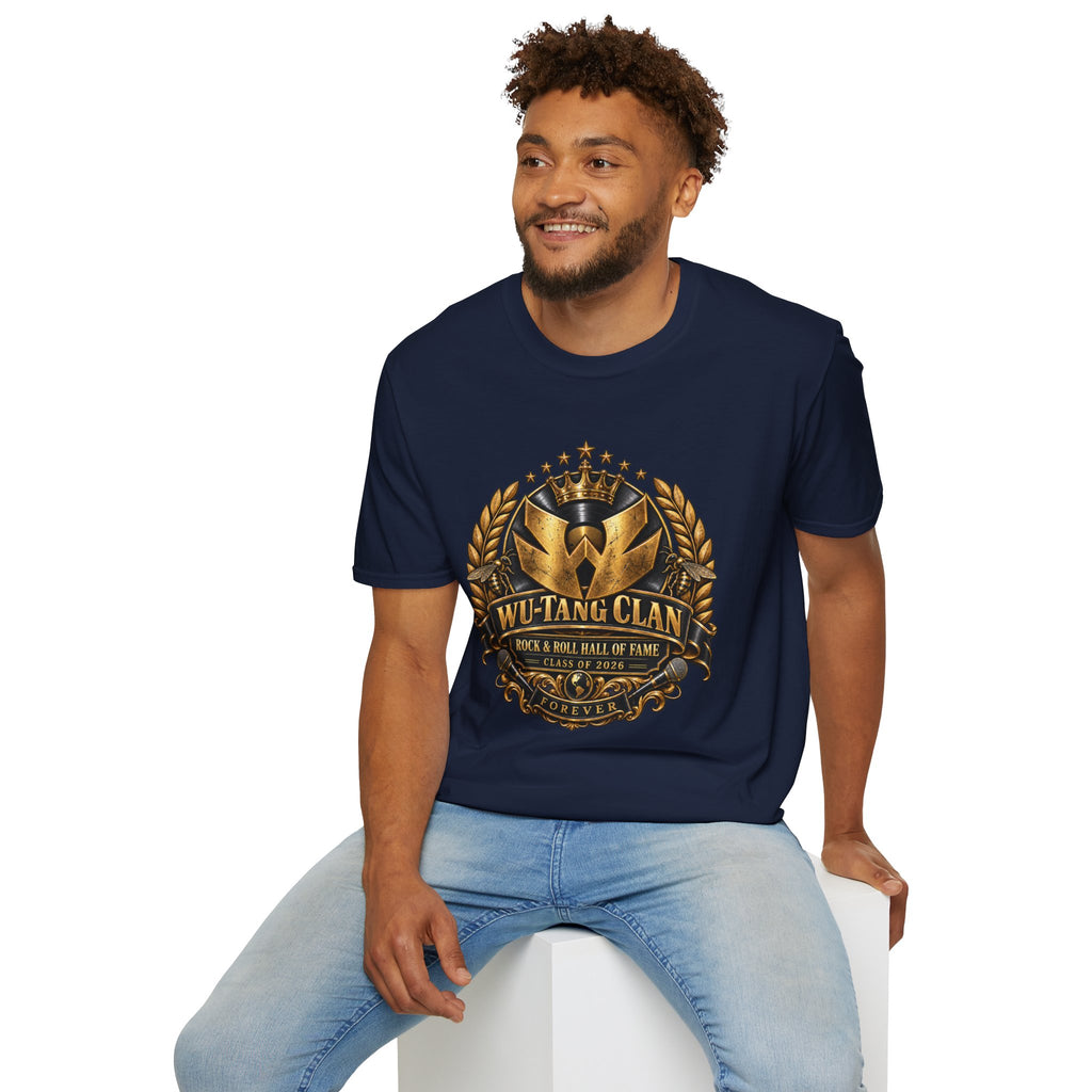 Wu-Tang Clan Rock and Roll Hall of Fame T-Shirt | Gold emblem, laurel wreath, hip hop logo | 90s 00s Hip Hop Nostalgia Pop Culture