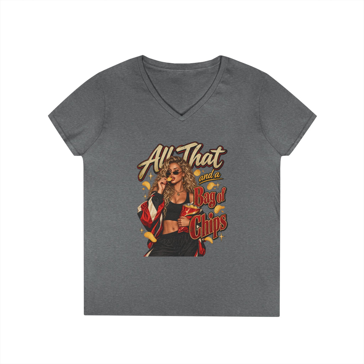 All That And A Bag of Chips Graphic V-Neck Tee | Retro Pinup Illustration | 90's 00's Hip Hop Pop Culture Nostalgia