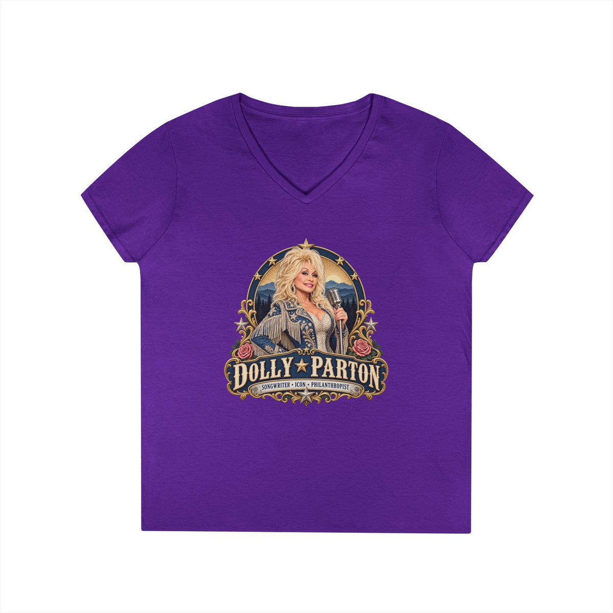 Dolly Parton Portrait V-Neck Tribute T-Shirt | Country Music Icon Tee