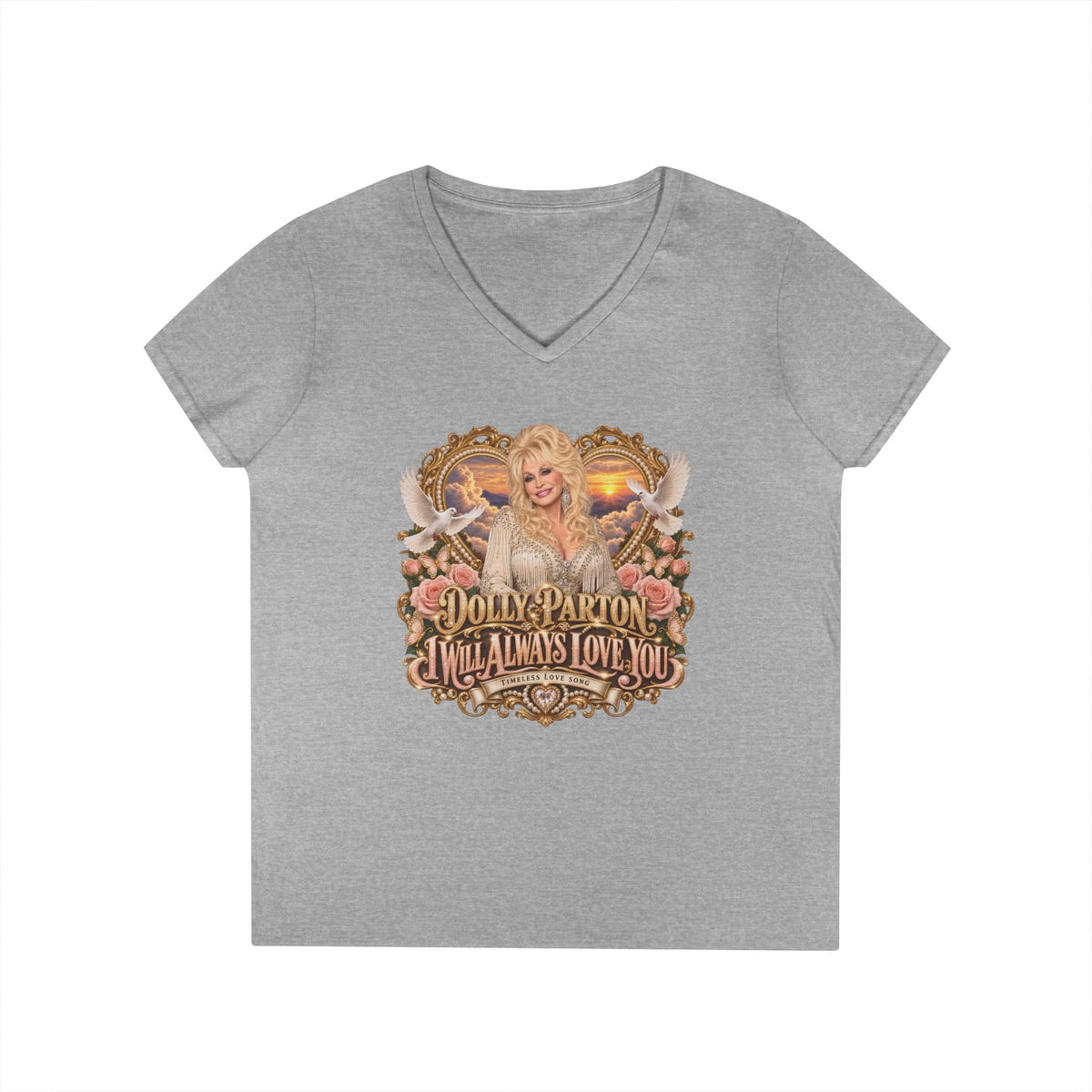 Dolly Parton Portrait V-Neck T-Shirt Pink | Dolly Parton Always Love You | Memorial Tribute