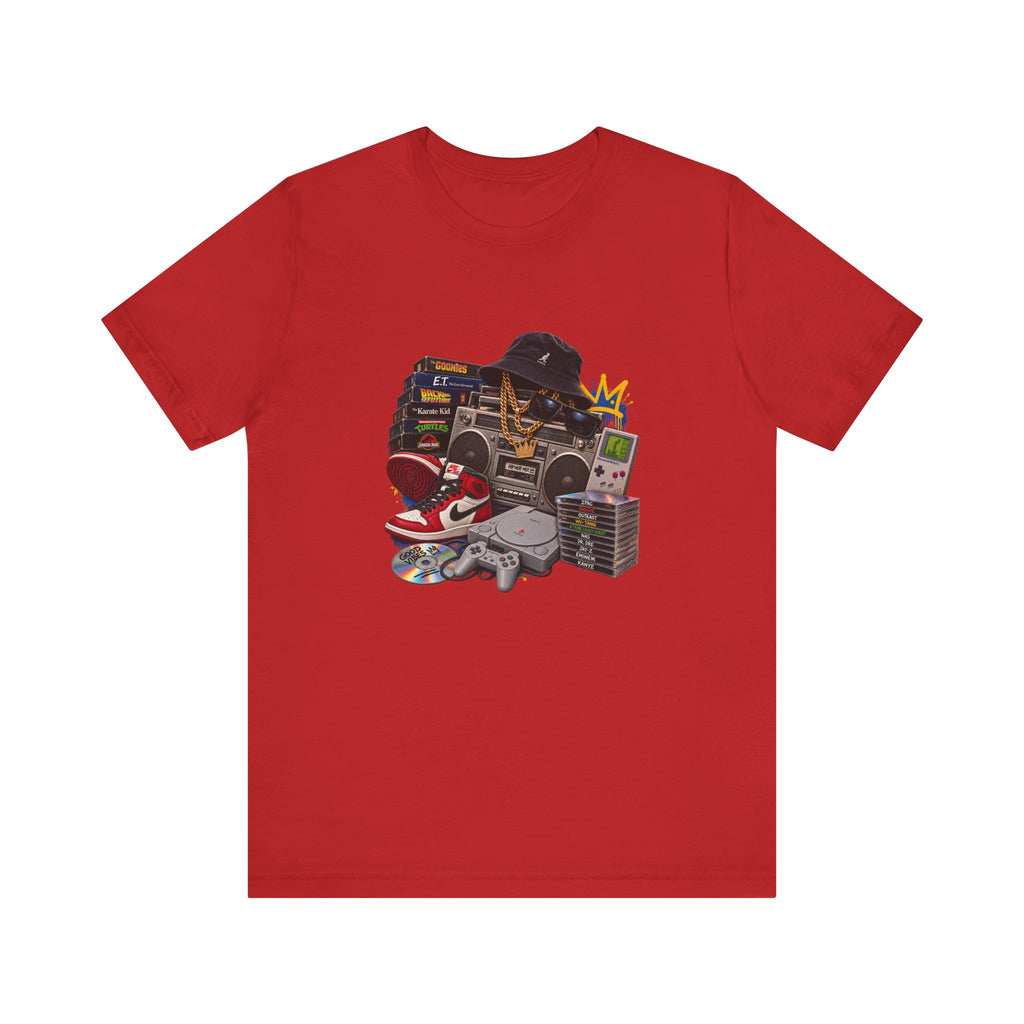 Retro Hip Hop Collage Tee | Boombox, Sneakers, Cassette, Game Handheld