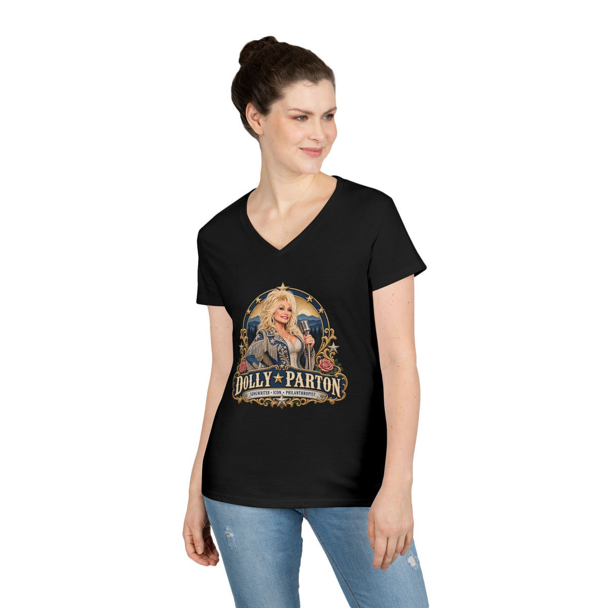 Dolly Parton Portrait V-Neck Tribute T-Shirt | Country Music Icon Tee